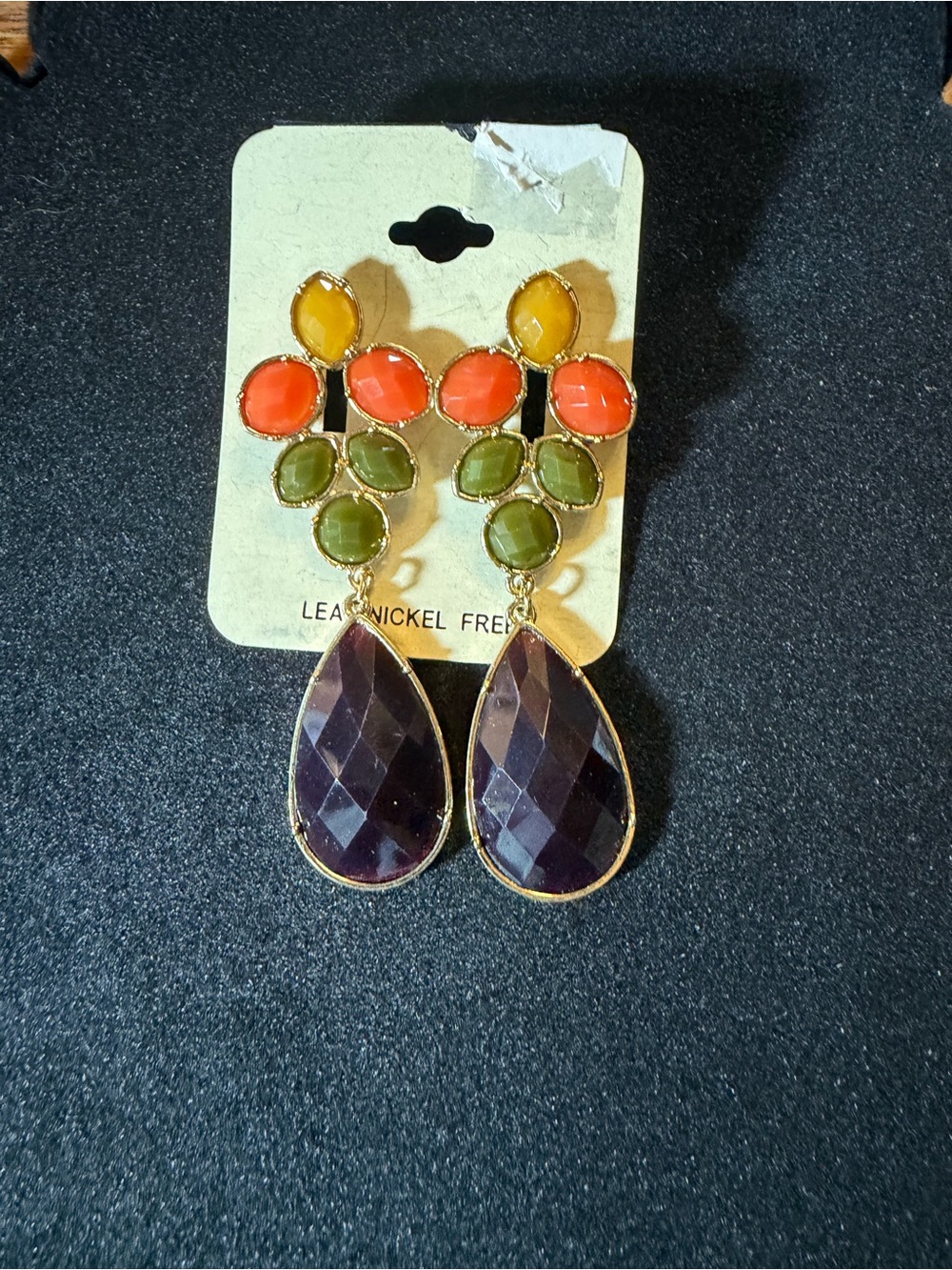 Gold-Tone Multi-Color Teardrop Dangle Earrings with Purple Drops